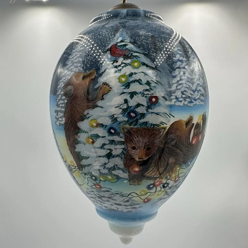 Dona Gelsinger Winter Bears Glass Christmas Ornament 6‎ in Egg Shape Handpainted